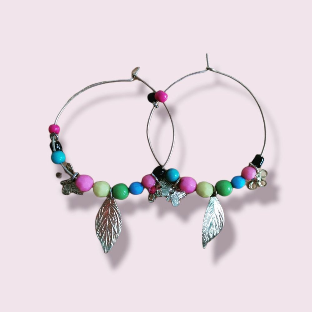 Boho Festival Vintage Hoop w/ Charms Earrings w beads and feather